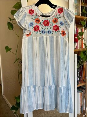 Light Blue Striped Dress with Floral Embroidery